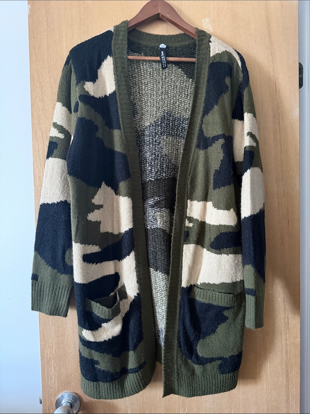 Design Lab Lord & Taylor Olive Green Black Cream Camouflage Cardigan